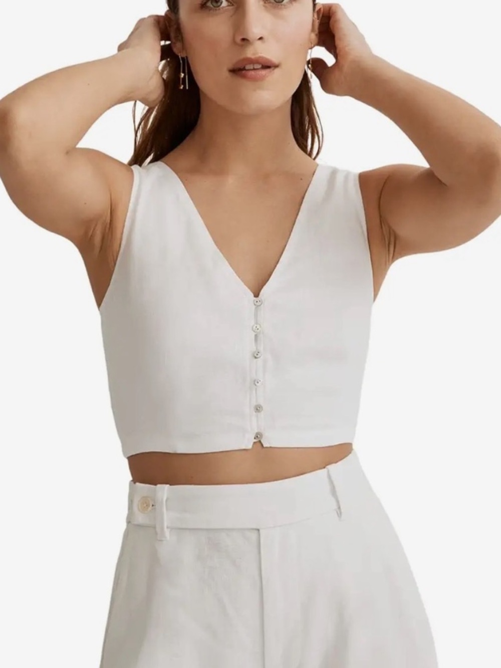 ·Madewell· White Linen Cropped Button Gwen Vest Top